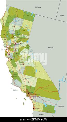 Carte politique modifiable très détaillée avec des couches séparées. Californie. Illustration de Vecteur