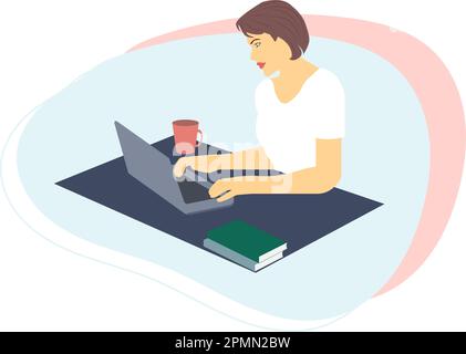 Jeune femme occupée assise au bureau et utilisant un ordinateur portable. Saisie de texte sur le clavier. Office Manager for Business Infographics. Illustration vectorielle Illustration de Vecteur