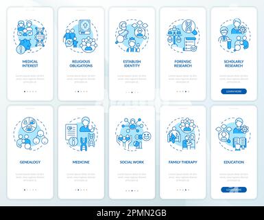 Ensemble d'écrans d'application mobile d'intégration bleu pour l'utilisation de l'arbre généalogique Illustration de Vecteur