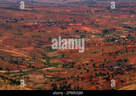 Madagascar, zone de paysage détruite. Annonces et villages sans arbres et forrst. Rouge Madagascar, paysage. Vue panoramique sur les collines de Madagascar Banque D'Images