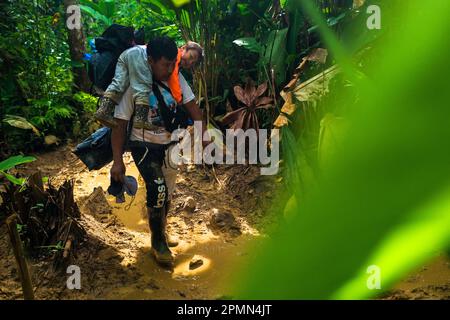 Un migrant équatorien, portant sa fille, marche à travers un sentier boueux dans la jungle dangereuse du fossé Darién entre la Colombie et Panamá. Banque D'Images