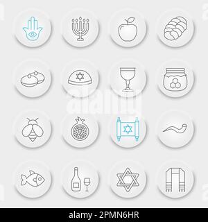 Jeu d'icônes de la ligne de Rosh hashanah, collection hanukkah, esquisses vectorielles, boutons UI UX neumatiques, icônes de shana tova, pictogrammes linéaires des signes de rosh hashanah, contour modifiable Illustration de Vecteur