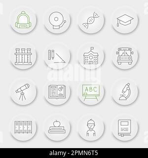 Jeu d'icônes de la ligne scolaire, collection de symboles éducatifs, croquis vectoriels, boutons d'interface utilisateur UX neuporphorique, icônes de retour à l'école, pictogrammes linéaires des signes de connaissances, trait modifiable Illustration de Vecteur