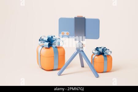 Streaming en direct sur téléphone mobile et boîtes cadeaux, rendu 3D heures sur 24 et 7 jours sur 7. Dessin numérique. Banque D'Images