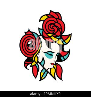 Portrait tribal, tropical, ethnique logo avec des formes abstraites avec des feuilles et des fleurs roses, amusant artistique moderne design Illustration de Vecteur