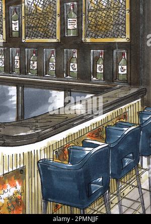 Dessin de détail intérieur d'une barre de style moderne. Banque D'Images
