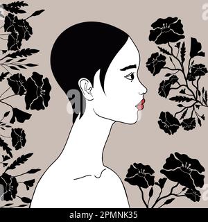 Femme en profil sur fond gris décorée de fleurs noires. Pure beauté féminine et nature. Illustration vectorielle dessinée à la main Illustration de Vecteur