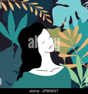 Femme abstraite avec les yeux fermés dans une forêt. Beauté féminine et thème de la nature. Jeune femme sur fond de feuilles de différentes couleurs. Art vectoriel Illustration de Vecteur