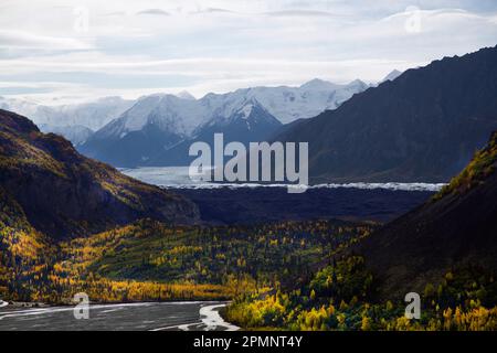 Vue d'automne du glacier Matanuska, un glacier de montagne en Alaska qui se forme dans une vallée de 27 km de long et de là, il coule dans le Matan... Banque D'Images