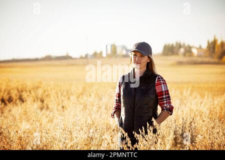 Portrait d'une fermière mature debout dans un champ de céréales, posant pour la caméra pendant la récolte au coucher du soleil ; Alcomdale, Alberta, Canada Banque D'Images