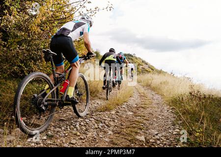 athlètes de groupe cyclistes à vélo sportif sur route de gravier avec buissons sur les côtés dans la compétition de vélo de fond Banque D'Images