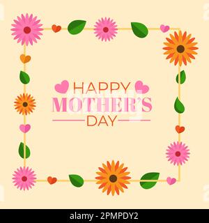 Carte de voeux fleurie Happy Mother's Day avec fleurs, feuilles, coeurs, cadre et texte Happy Mother's Day. Banque D'Images