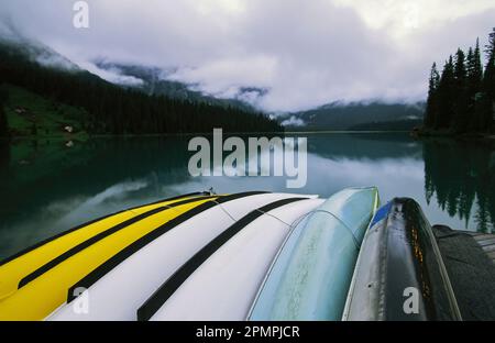 Rangée de canots sur un quai du lac Emerald dans le parc national Yoho, C.-B., Canada ; Colombie-Britannique, Canada Banque D'Images