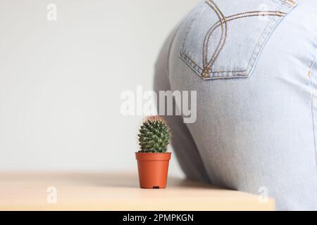 Femme en Jean s'assoit sur le cactus décoratif poussant dans le pot Banque D'Images