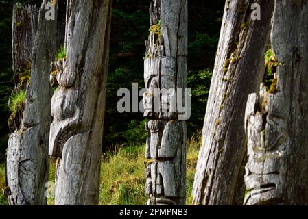 Totems à SGang Gwaay Llanagaay, Ninstints en anglais, un site abandonné d'un village haïda sur l'île Anthony Banque D'Images