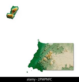 Guinée équatoriale. Rendu détaillé en 3D de la carte de relief ombré avec rivières et lacs. Coloré par élévation. Arrière-plan blanc. Créé avec données satellite. Banque D'Images