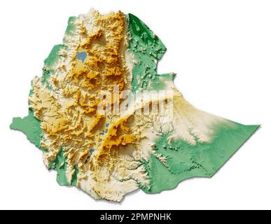 Éthiopie. Rendu détaillé en 3D d'une carte de relief ombrée avec des rivières et des lacs. Coloré par élévation. Arrière-plan blanc. Créé avec des données satellite. Banque D'Images