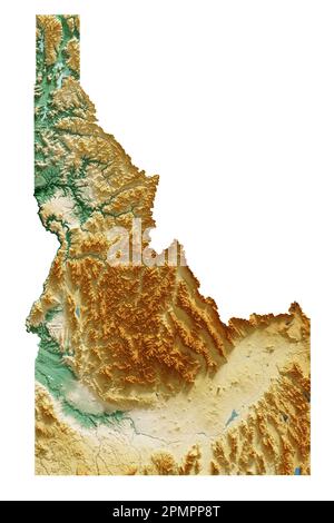 L'État américain de l'Idaho. Rendu 3D très détaillé de la carte de relief ombré avec les rivières et les lacs. Coloré par élévation. Créé avec des données satellite. Banque D'Images