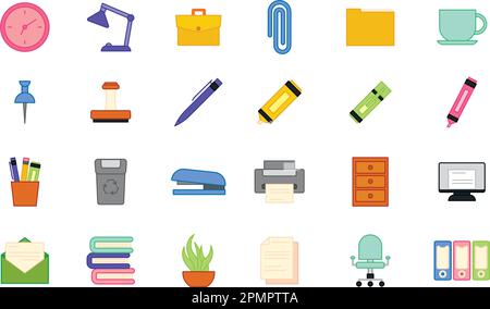 Ensemble de différentes couleurs de fournitures de bureau icônes Vector Illustration de Vecteur