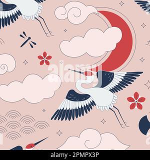 Des grues japonaises volées dans des nuages à motif oriental Illustration de Vecteur