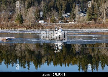 Bateau coulant dans l'eau avec de la glace au large du rivage ; Langley, Colombie-Britannique, Canada Banque D'Images