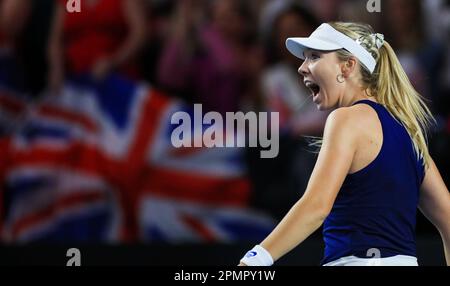 Katie Boulter, de Grande-Bretagne, réagit lors du match de qualification de la coupe du Roi Jean Billie entre la Grande-Bretagne et la France à la Coventry Building Society Arena, à Coventry. Date de la photo: Vendredi 14 avril 2023. Banque D'Images