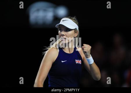 Katie Boulter, de Grande-Bretagne, réagit lors du match de qualification de la coupe du Roi Jean Billie entre la Grande-Bretagne et la France à la Coventry Building Society Arena, à Coventry. Date de la photo: Vendredi 14 avril 2023. Banque D'Images