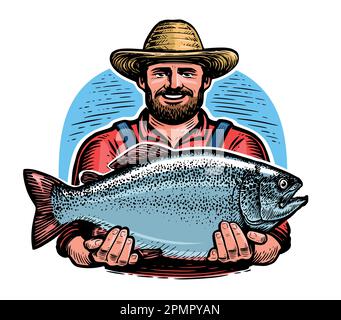 Le pêcheur heureux tient le gros poisson dans ses mains. Pêche sportive, emblème illustration vectorielle Illustration de Vecteur