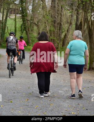 Les marcheurs et les cyclistes peuvent profiter d'une chaude journée de printemps sur le sentier du Creeper de Virginie à Abingdon, en Virginie. Banque D'Images