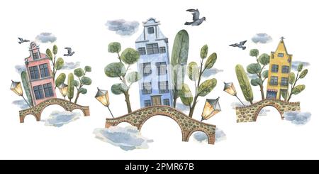 Jolies maisons colorées avec arbres, ponts, pigeons et lanternes. Illustration aquarelle. Composition de la collection MAISONS EUROPÉENNES. Pour la conception Banque D'Images