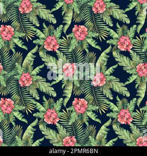 Fleurs d'hibiscus rouges avec feuilles de palmier tropicales sur fond noir. Illustration aquarelle. Motif sans couture. Pour les textiles, le tissu, l'intérieur Banque D'Images