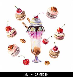 Milkshake à l'aquarelle avec sirop de chocolat et cerises, rouleaux de gaufres, macarons, cerises, pacanes isolés sur fond blanc. Aquarelle Ill Banque D'Images