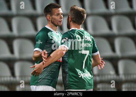 Lommel, Belgique. 14th avril 2023. Juho Talvitie de Lommel célèbre après avoir marqué un match de football entre KMSK Deinze et Lommel SK, le vendredi 14 avril 2023 à Deinze, le 7 jour de la relégation les éliminatoires de la 2022-2023 'Challenger Pro League' 1B deuxième division du championnat belge. BELGA PHOTO JILL DELSAUX crédit: Belga News Agency/Alay Live News Banque D'Images