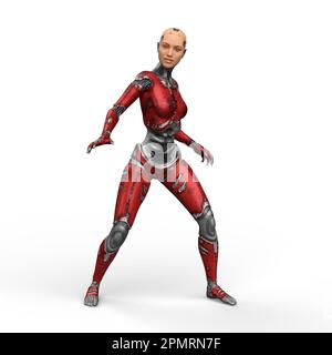 Cyborg femelle futuriste avec corps métallique rouge debout. 3D illustration isolée sur fond blanc. Banque D'Images