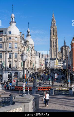 Vieille ville, Cathédrale notre-Dame, Maisons sur Suikerrui, Anvers, Flandre, Belgique, Banque D'Images