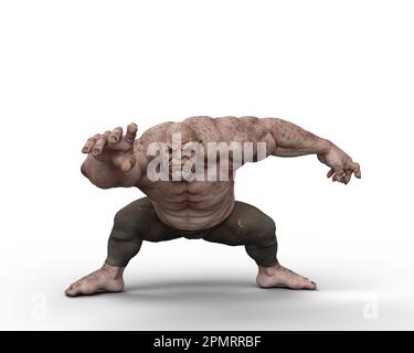 Une créature fantaisiste d'ogre géante en posture accroupante. 3D illustration isolée sur fond blanc. Banque D'Images