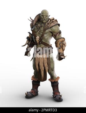 Savage mythique ORC brute debout avec posture agressive et expression dans armure barbare. 3D illustration isolée sur blanc. Banque D'Images