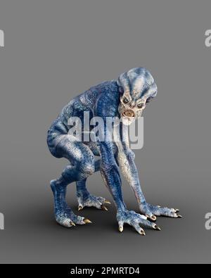 Créature humanoïde extraterrestre effrayante avec une peau bleue grise et des dents pointues qui croque sur tous les fours. 3D illustration isolée sur fond gris. Banque D'Images