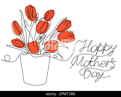 Tulipes rouges dans un pot de fleurs en une ligne sur fond blanc. Illustration de Vecteur