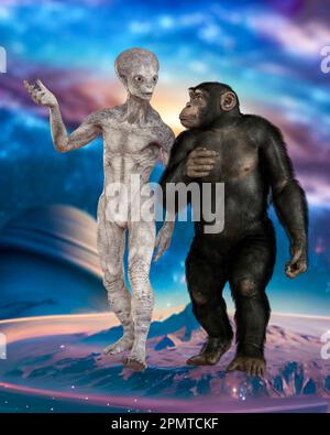 Extraterrestre et chimpanzé, illustration Banque D'Images