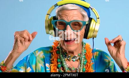 Grand-mère sympa dans des lunettes de soleil élégantes écoute de la musique dans les écouteurs. La vieille dame aime la vie. Ai Banque D'Images