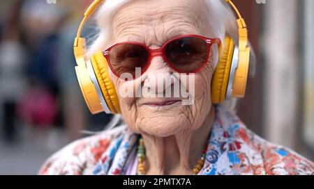 Grand-mère sympa dans des lunettes de soleil élégantes écoute de la musique dans les écouteurs. La vieille dame aime la vie. Ai Banque D'Images