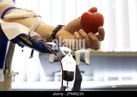 Homme donneur de sang dans la chaise pendant le don avec boule rouge bouncy en main, foyer sélectif. Concept de don, de transfusion, de soins de santé Banque D'Images