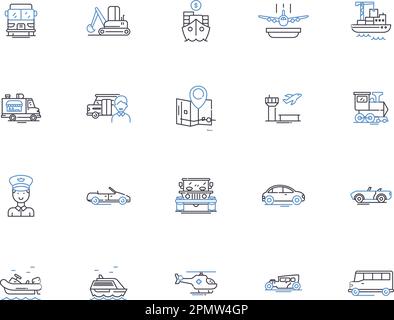 Collection d'icônes de contour de transport. Train, bus, avion, taxi, Ferry, Ensemble de concepts bateau, vecteur automobile et illustration. Moto, scooter Illustration de Vecteur