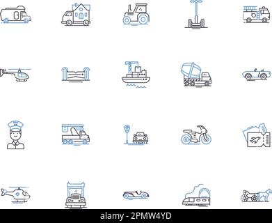 Collection d'icônes de contour de jeu de transport. Transport, jeu, véhicules, Voyage, transport, Ensemble de concepts de logistique, de vecteur de roues et d'illustration. Chargement Illustration de Vecteur