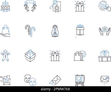 Collection d'icônes de contour de cadeaux. Cadeau, anniversaire, souvenir, souvenir, offre, Ensemble de concepts de jetons, de vecteurs surprise et d'illustrations. Trinket, Goody Illustration de Vecteur