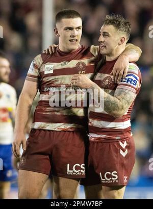 Warrington, Cheshire, Angleterre 14th avril 2023. Wigan célèbre le résultat à plein temps, pendant Warrington Wolves V Wigan Warriors Rugby League football Club au stade Halliwell Jones, The Betfred Super League, Warrington (Credit image: ©Cody Froggatt/Alay Live news) Banque D'Images