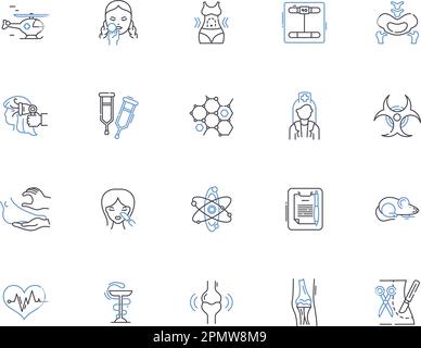 Collection d'icônes de contour clinique. Clinique, médical, soins de santé, thérapie, médecin, Ensemble de concepts diagnostic, vecteur de traitement et illustration. Soins, infirmière Illustration de Vecteur