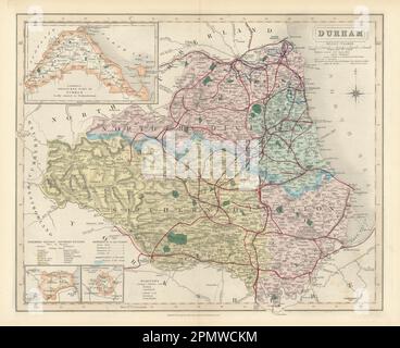 Carte du comté antique de Durham par J & C Walker. Chemins de fer et quartiers 1870 ans Banque D'Images