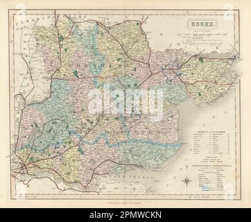 Carte du comté antique d'Essex par J & C Walker. Chemins de fer et quartiers 1870 ans Banque D'Images